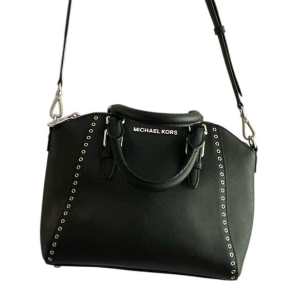 Michael Kors Mercer Gallery Medium Satchel Black Leather Eyelet Trim Crossbody - Picture 2 of 5